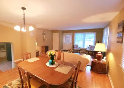 Dining room and community space at the Clare’s Cove Lodging space, ideal for small spiritual groups.