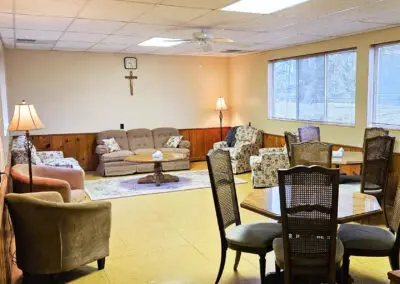 Community space in St. Felix Lodge at a Christian retreat center in Michigan.